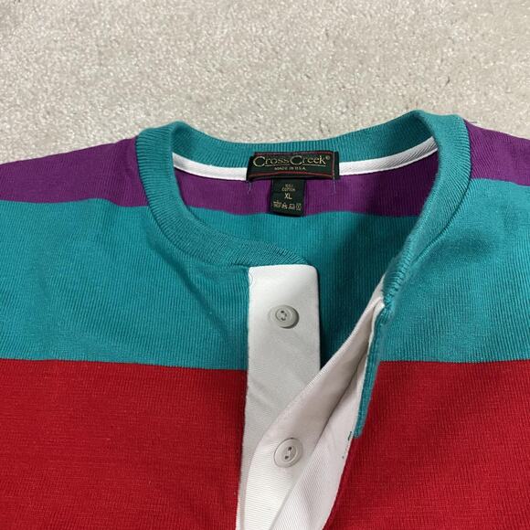 VTG Cross Creek Shirt Mens XL Multicolor Henley Rugby Striped Made USA 90s - Picture 3 of 7